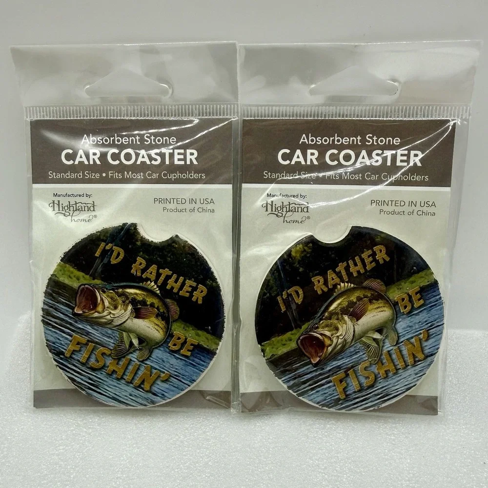 Highland Home Absorbent Stone Car Coasters‎ I'd Rather Be Fishin' Lot of 2